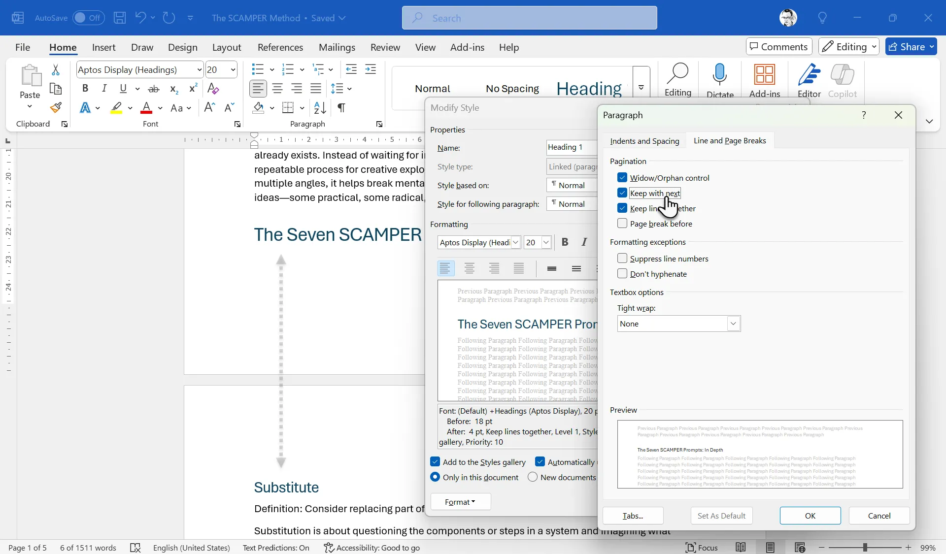 Cài đặt tùy chọn Keep with next trong hộp thoại Đoạn văn của Microsoft Word để duy trì bố cục liền mạch.