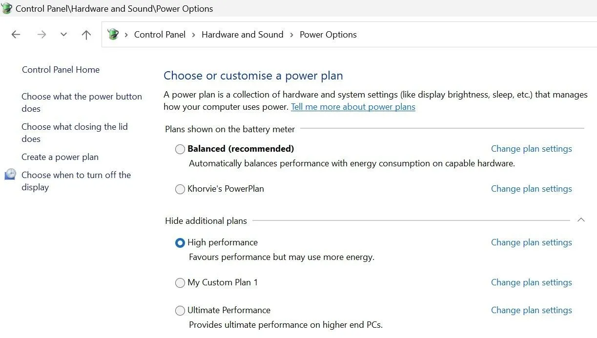 Cài đặt Tùy chọn Nguồn (Power Options) trong Bảng điều khiển Windows, hiển thị lựa chọn gói hiệu suất cao để tăng cường sức mạnh xử lý.