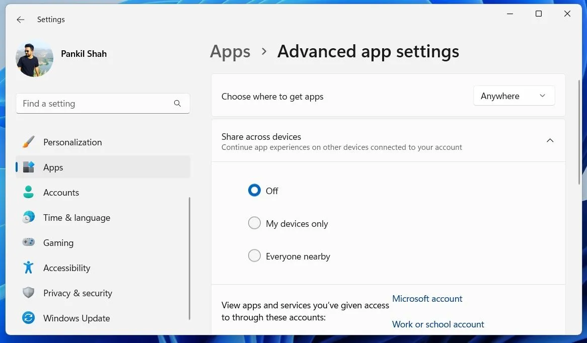 Cài đặt ứng dụng nâng cao trên Windows 11, với tùy chọn Chia sẻ giữa các thiết bị.
