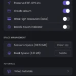 Cài đặt ứng dụng Superimpose X hiển thị các tùy chọn quản lý album và không gian lưu trữ ảnh