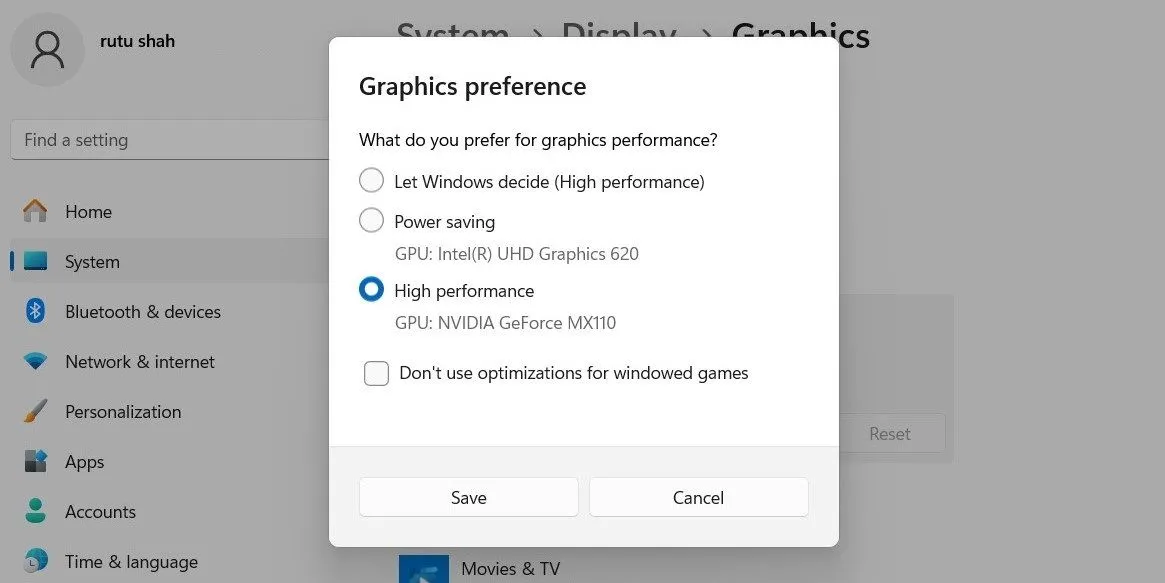 Cài đặt ưu tiên đồ họa trong Windows 11, cho phép gán ứng dụng sử dụng card đồ họa rời để tối ưu hiệu năng.