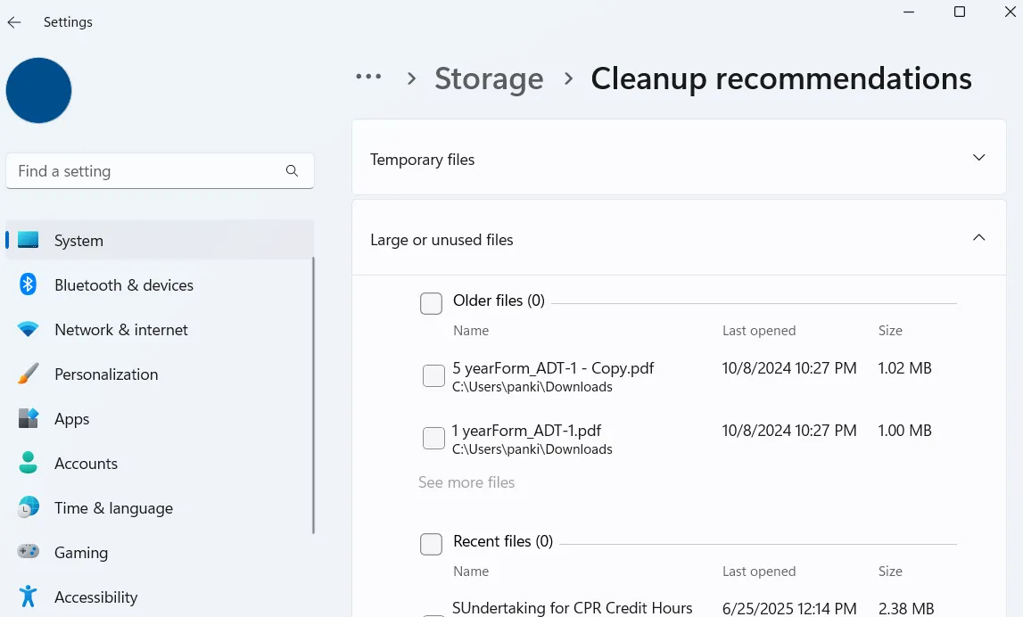 Cài đặt Windows 11 hiển thị các tệp lớn hoặc không sử dụng trong mục &quot;Cleanup recommendations&quot; để tối ưu dung lượng lưu trữ