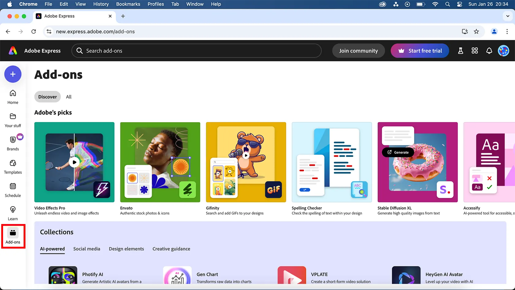 Cận cảnh giao diện trình duyệt của Adobe Express, hiển thị rõ ràng mục Add-Ons trong thanh menu bên trái, minh họa tính năng này chỉ có trên phiên bản web.