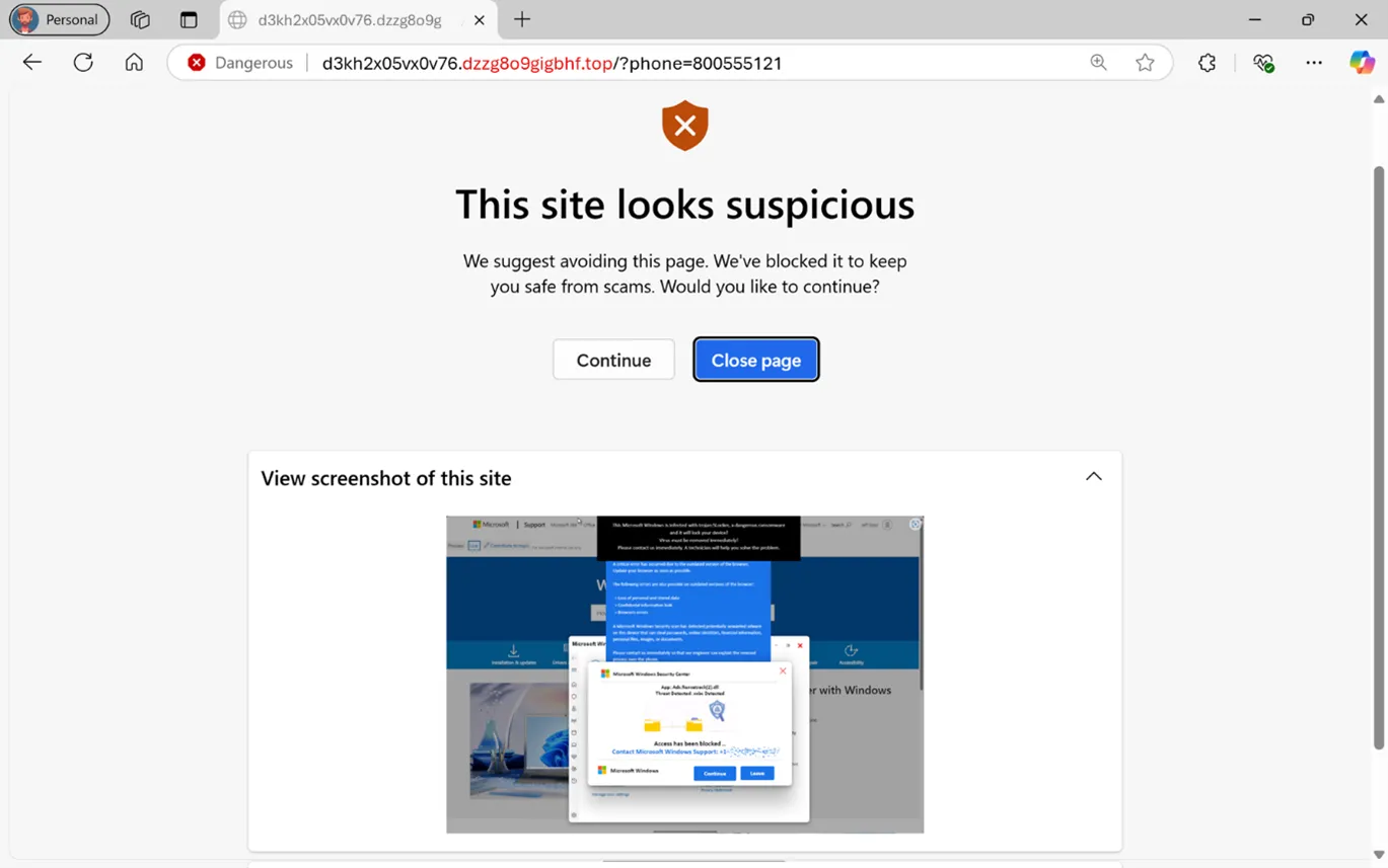 Cảnh báo từ Microsoft Edge về một trang web đáng ngờ, hiển thị thông báo chặn scareware và các tùy chọn hành động.