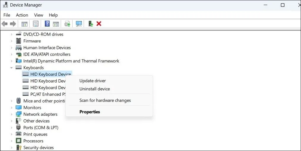 Cập nhật Driver bàn phím trong Trình quản lý Thiết bị của Windows để khắc phục lỗi