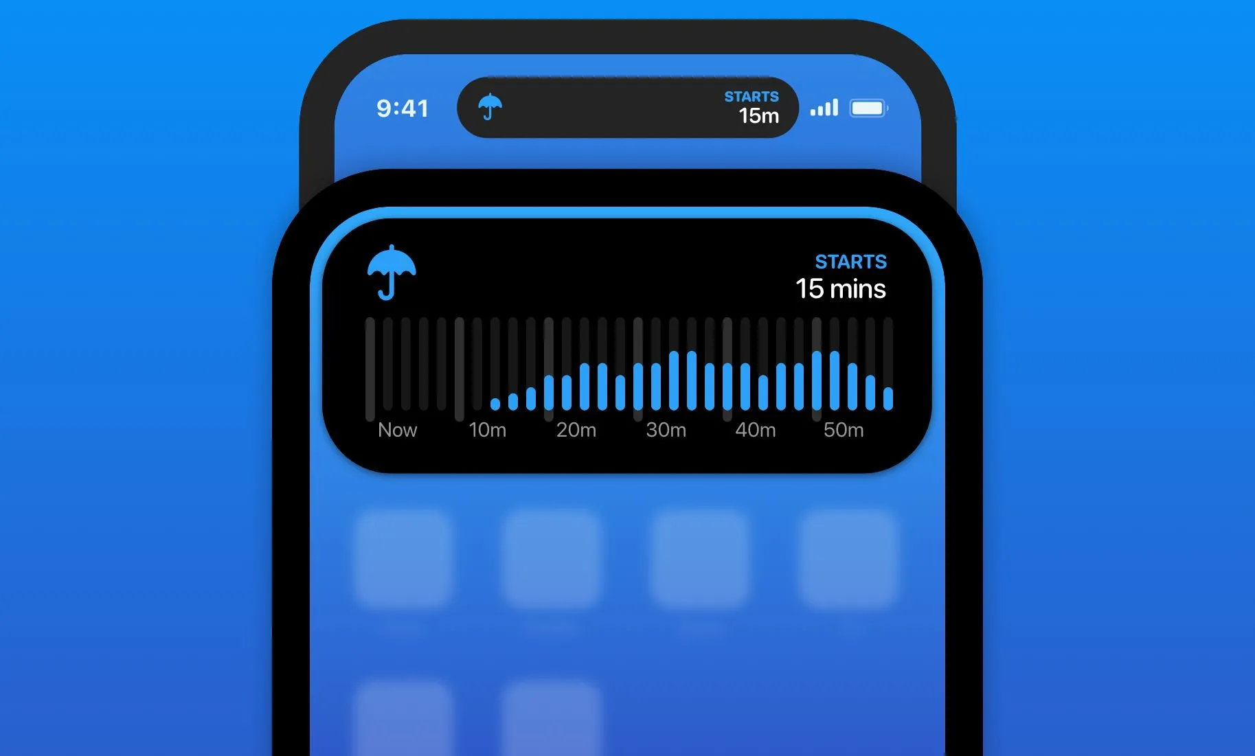 Carrot Weather hiển thị cảnh báo thời tiết và dự báo mưa trên Dynamic Island.