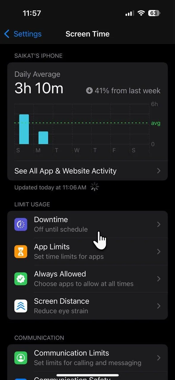 Cấu hình chế độ Downtime trong Screen Time iPhone để giới hạn sử dụng ứng dụng