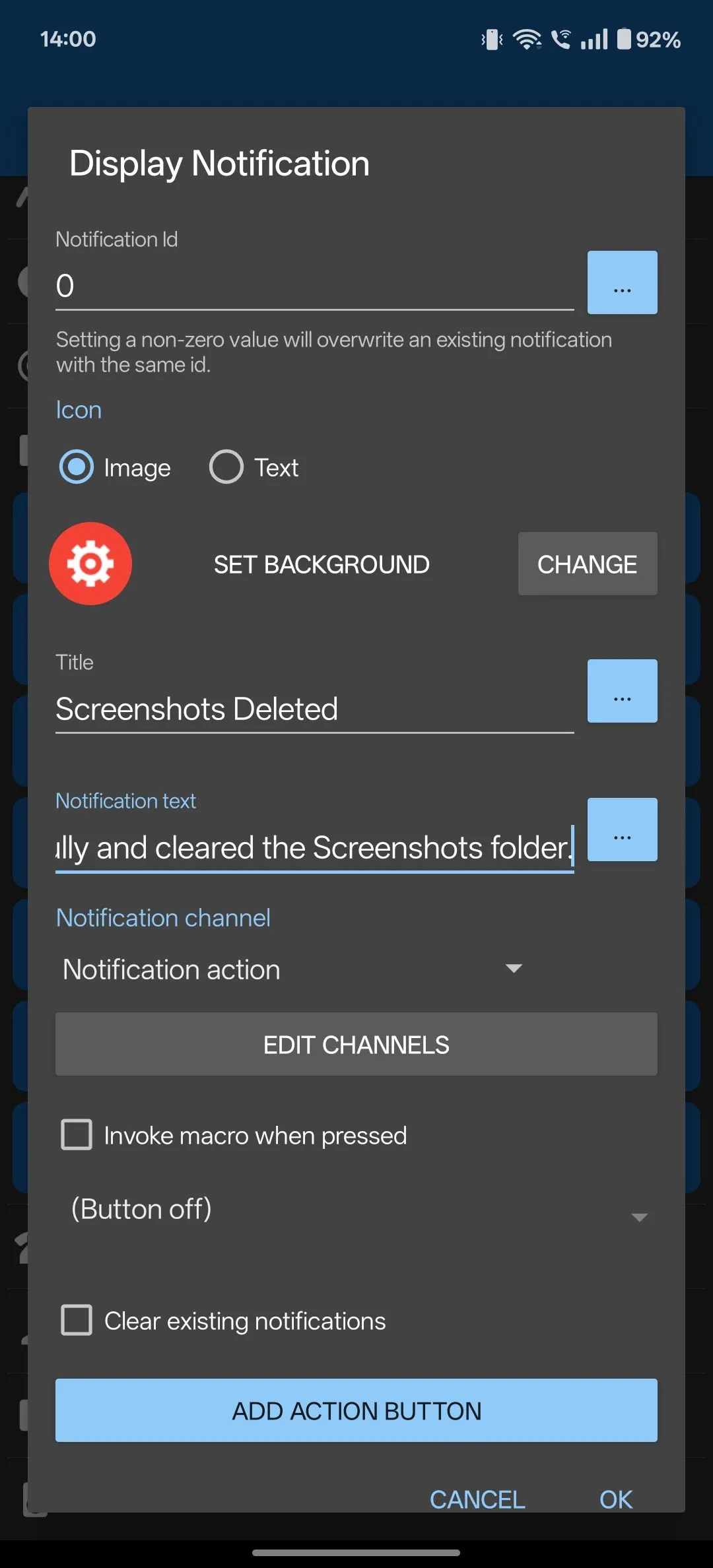 Cấu hình hành động &quot;Display Notification&quot; để hiển thị thông báo sau khi macro xóa ảnh.