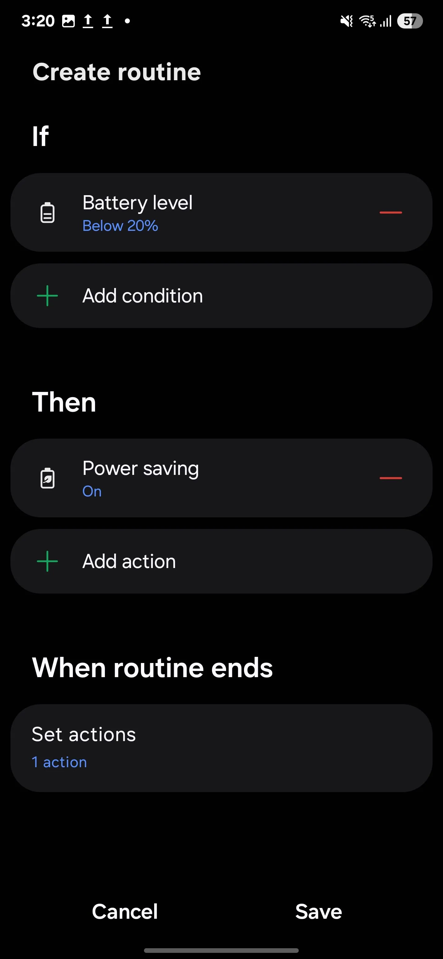 Cấu hình hành động &quot;Sau đó&quot; để bật Chế độ tiết kiệm pin tự động trong Samsung Modes and Routines.