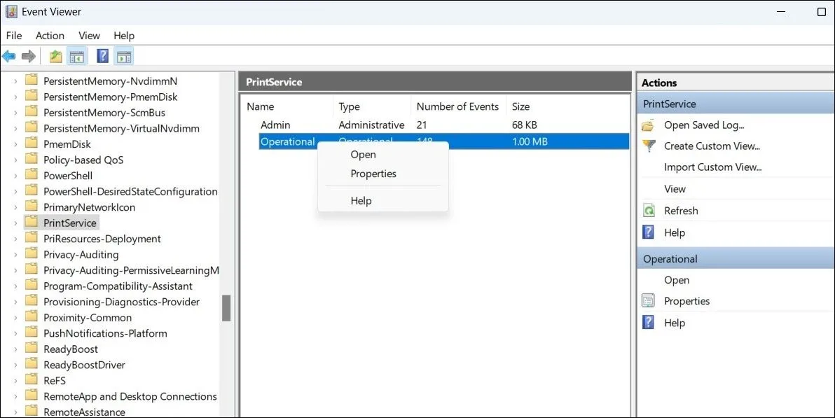 Cấu hình nhật ký PrintService trong Trình xem Sự kiện của Windows
