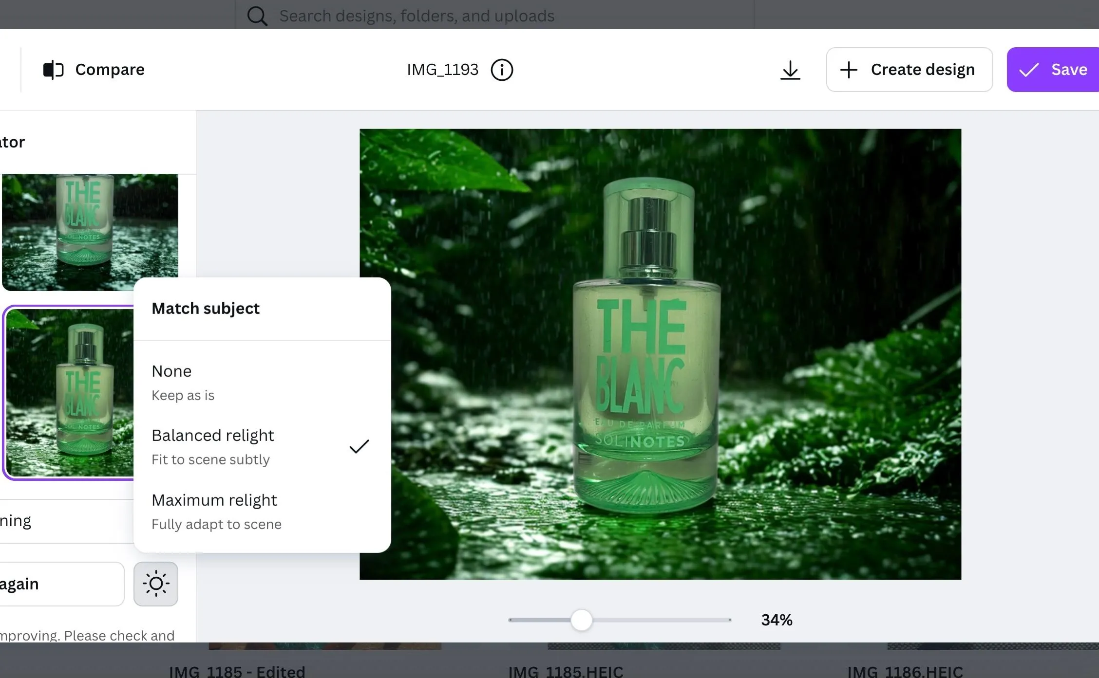 Chai nước hoa hòa quyện hoàn hảo với nền rừng xanh nhờ tính năng Relight của Canva