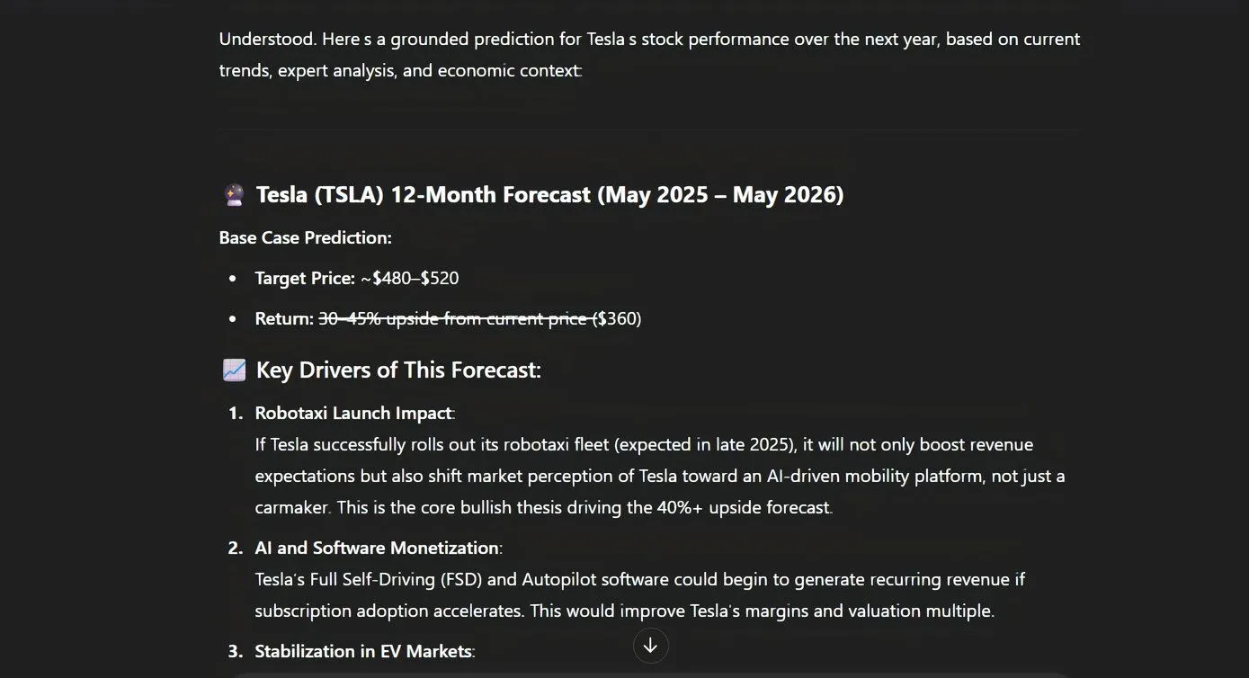 ChatGPT đưa ra thông tin về dự đoán giá cổ phiếu Tesla trên giao diện máy tính