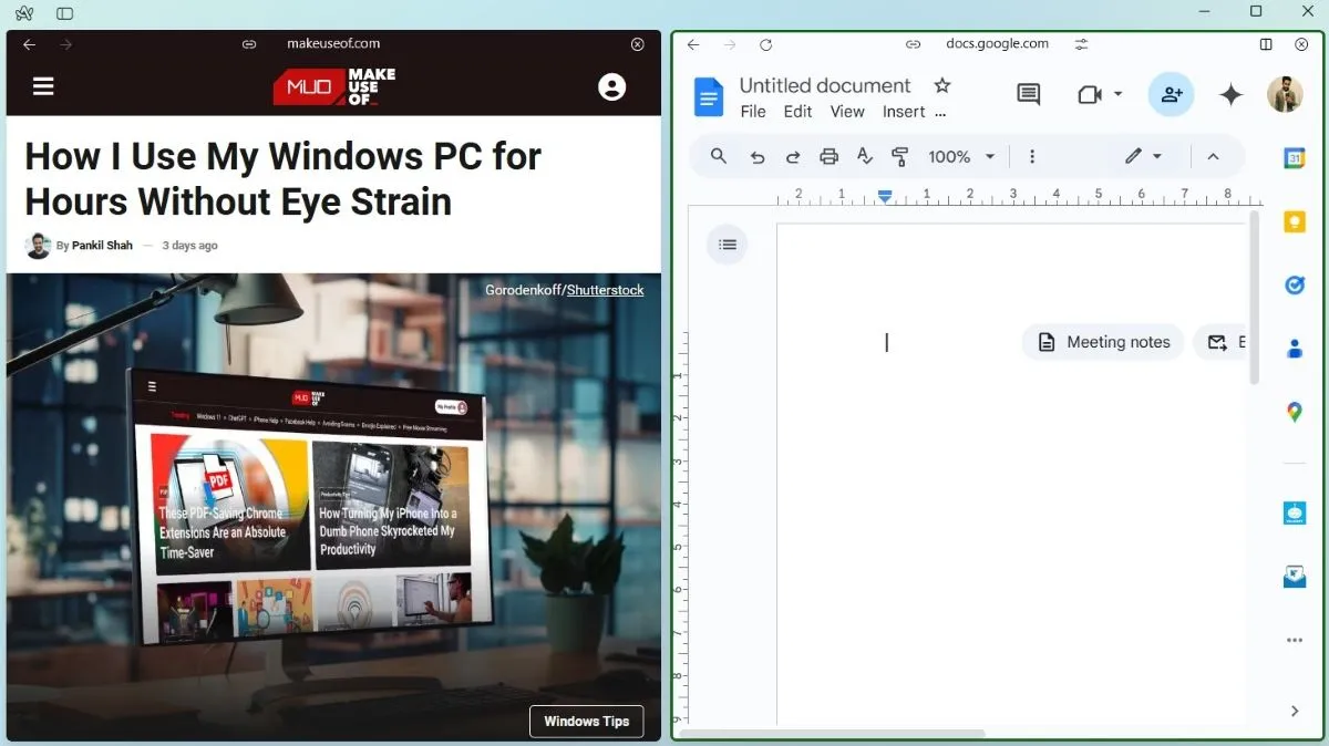 Chế độ chia màn hình Split View trên Arc Browser, hiển thị trang MakeUseOf và Google Docs cạnh nhau để đa nhiệm hiệu quả