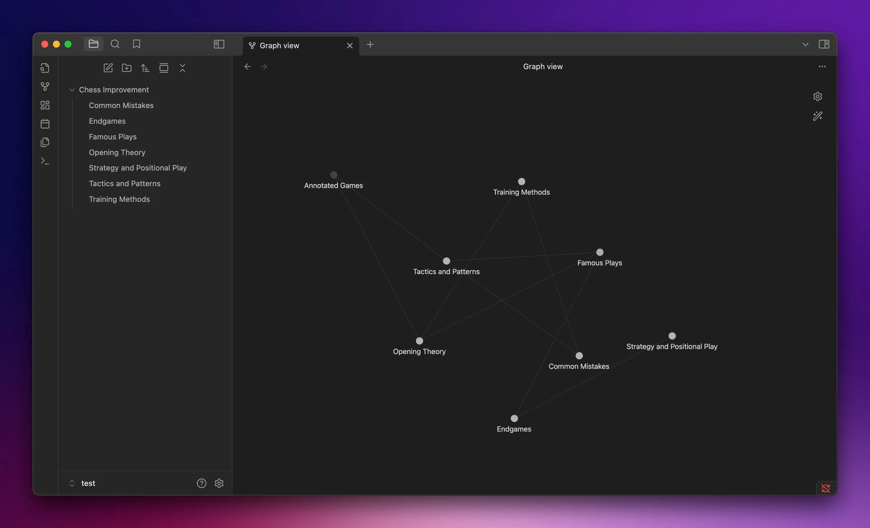 Chế độ xem đồ thị (Graph View) của một vault trong Obsidian trên Mac, trực quan hóa mối quan hệ giữa các ghi chú và kiến thức.