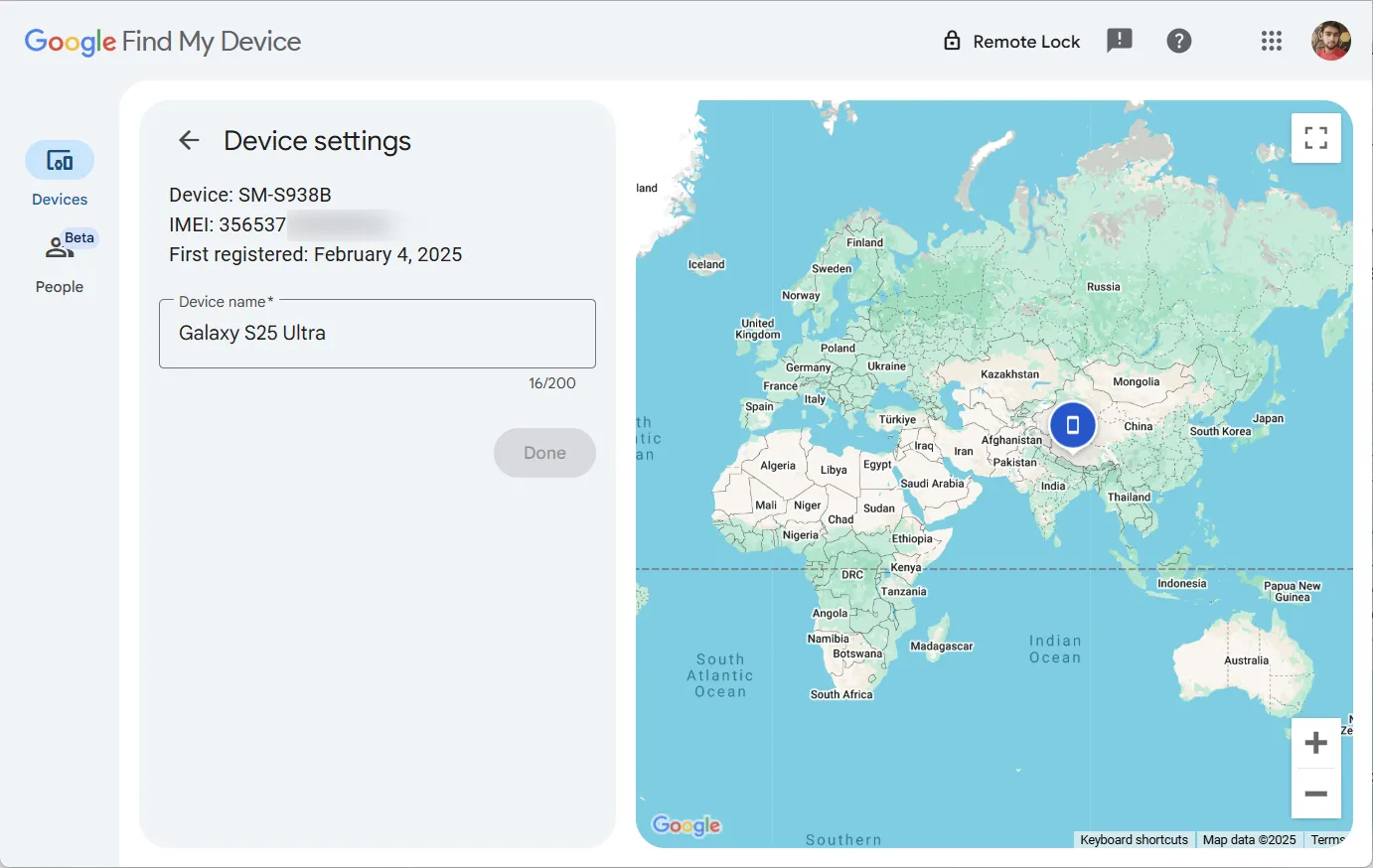 Chi tiết số IMEI của điện thoại Samsung được tìm thấy trong công cụ Google Find My Device