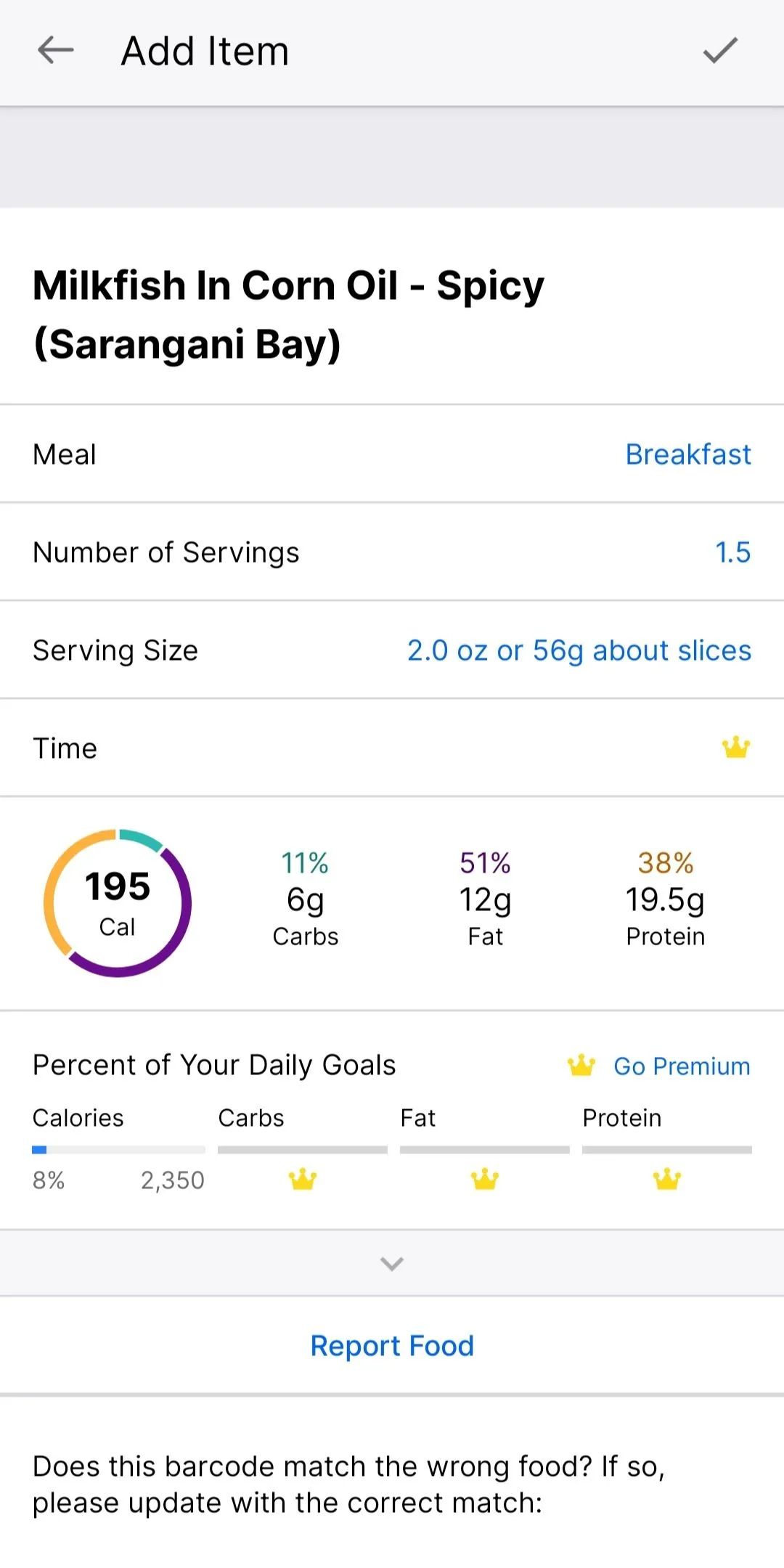 Chi tiết thành phần dinh dưỡng (macro) và khẩu phần ăn của món cá đối trong MyFitnessPal