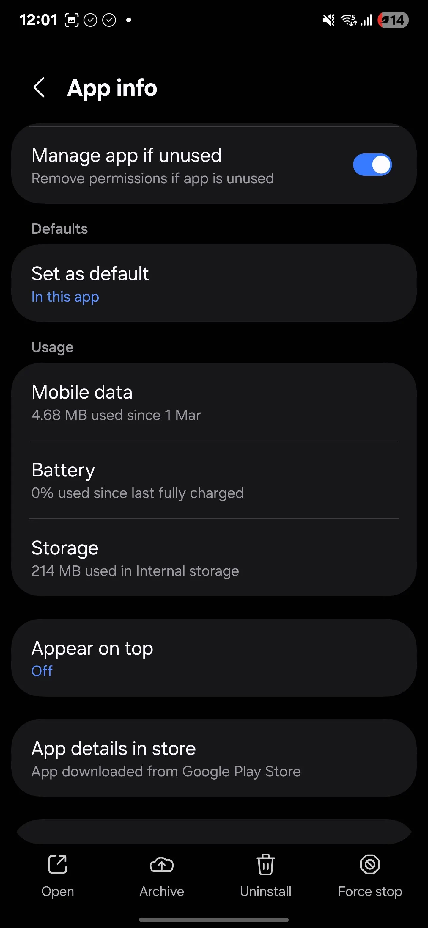 Chi tiết thông tin ứng dụng trên Android, hiển thị mục Pin và tùy chọn quản lý hoạt động nền của ứng dụng để hạn chế tiêu thụ năng lượng và dữ liệu.
