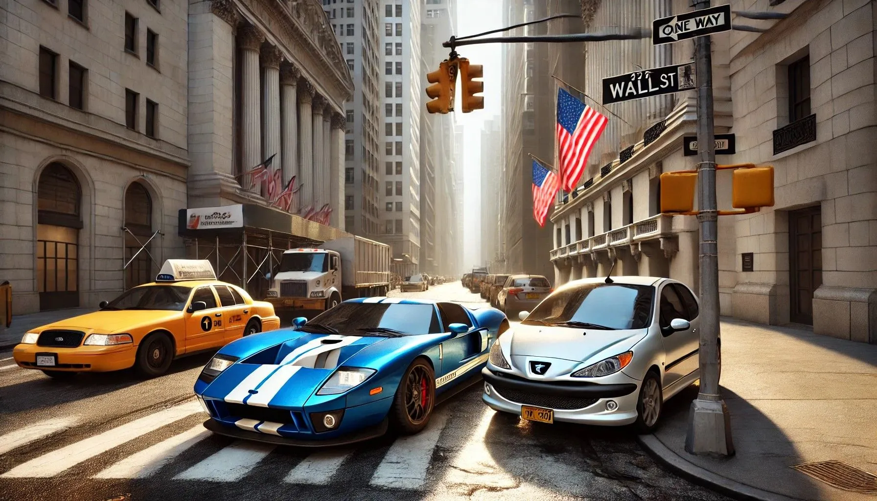 Chiếc Ford GT đời 2006 đang dừng ở đèn giao thông đỏ cạnh chiếc Peugeot 206 do DALL-E tạo