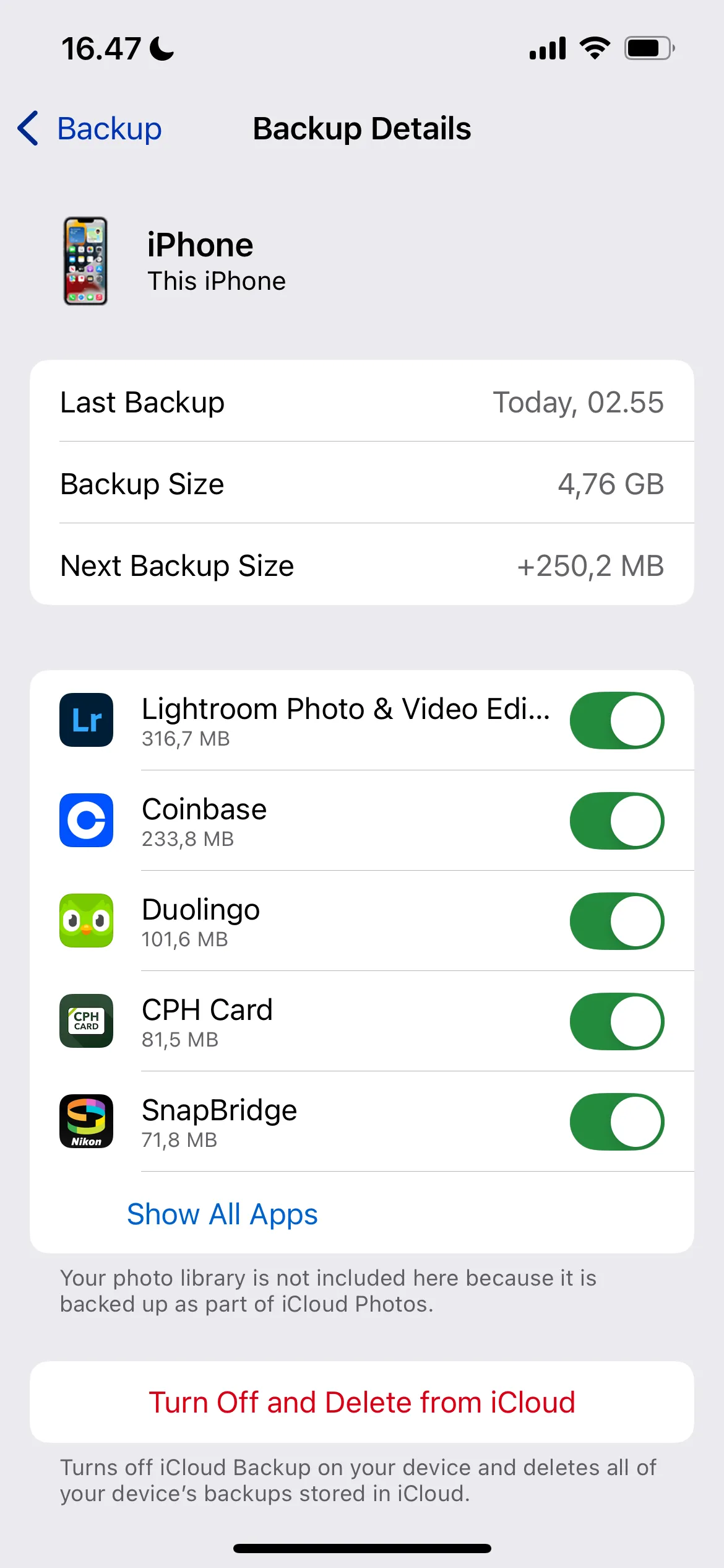 Chọn chi tiết sao lưu iCloud cho từng ứng dụng hiển thị danh sách ứng dụng
