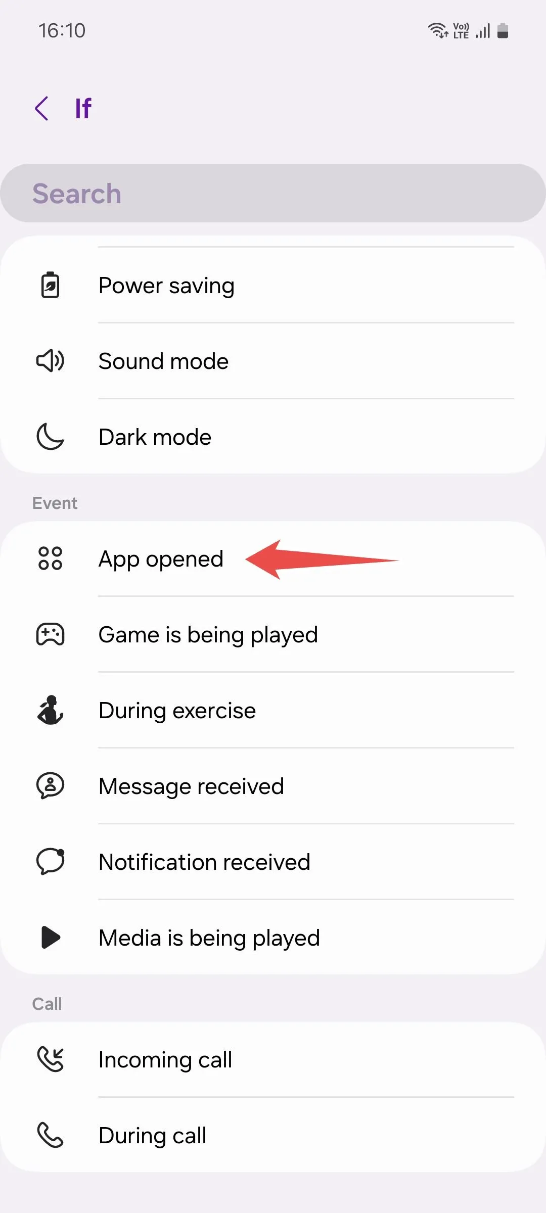 Chọn điều kiện kích hoạt &quot;Mở ứng dụng&quot; để tự động bật định vị trên Samsung