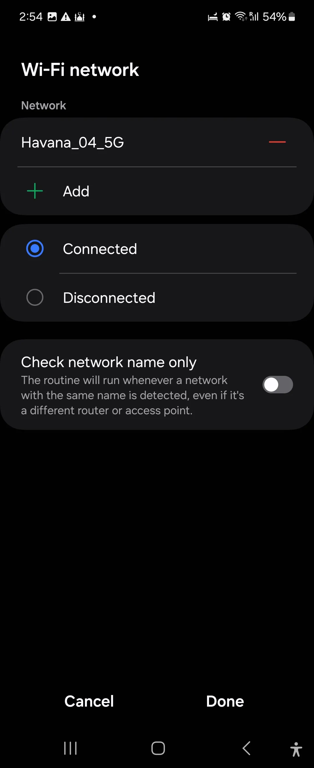 Chọn mạng Wi-Fi để kích hoạt Quy trình thay đổi màn hình khóa tự động trong ứng dụng Chế độ và Quy trình Samsung