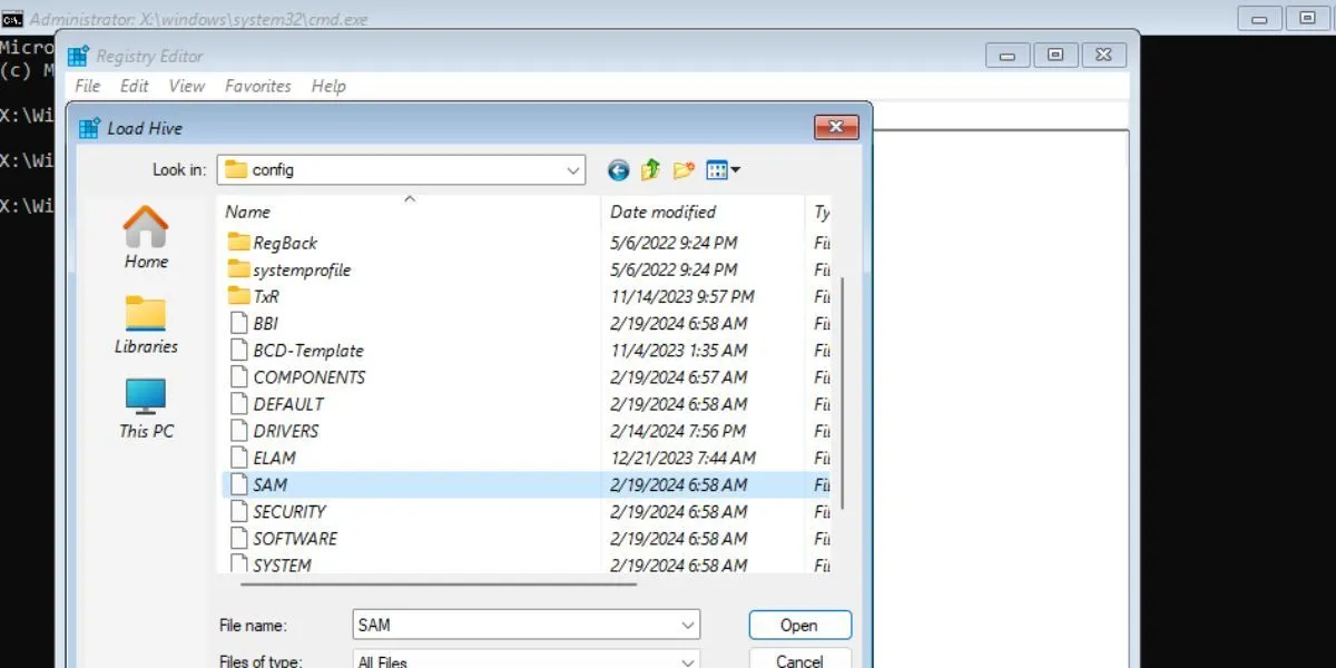 Chọn tệp SAM để tải Hive trong Registry Editor khi kích hoạt tài khoản quản trị viên