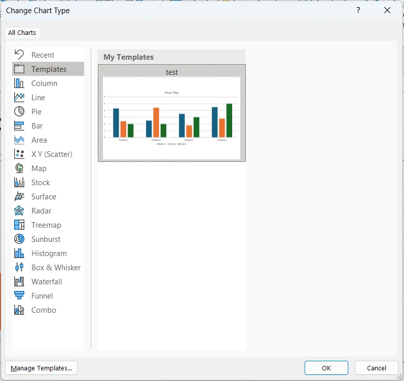 Chọn và sử dụng một mẫu biểu đồ (Chart Template) đã lưu trong PowerPoint để nhanh chóng tạo biểu đồ mới.