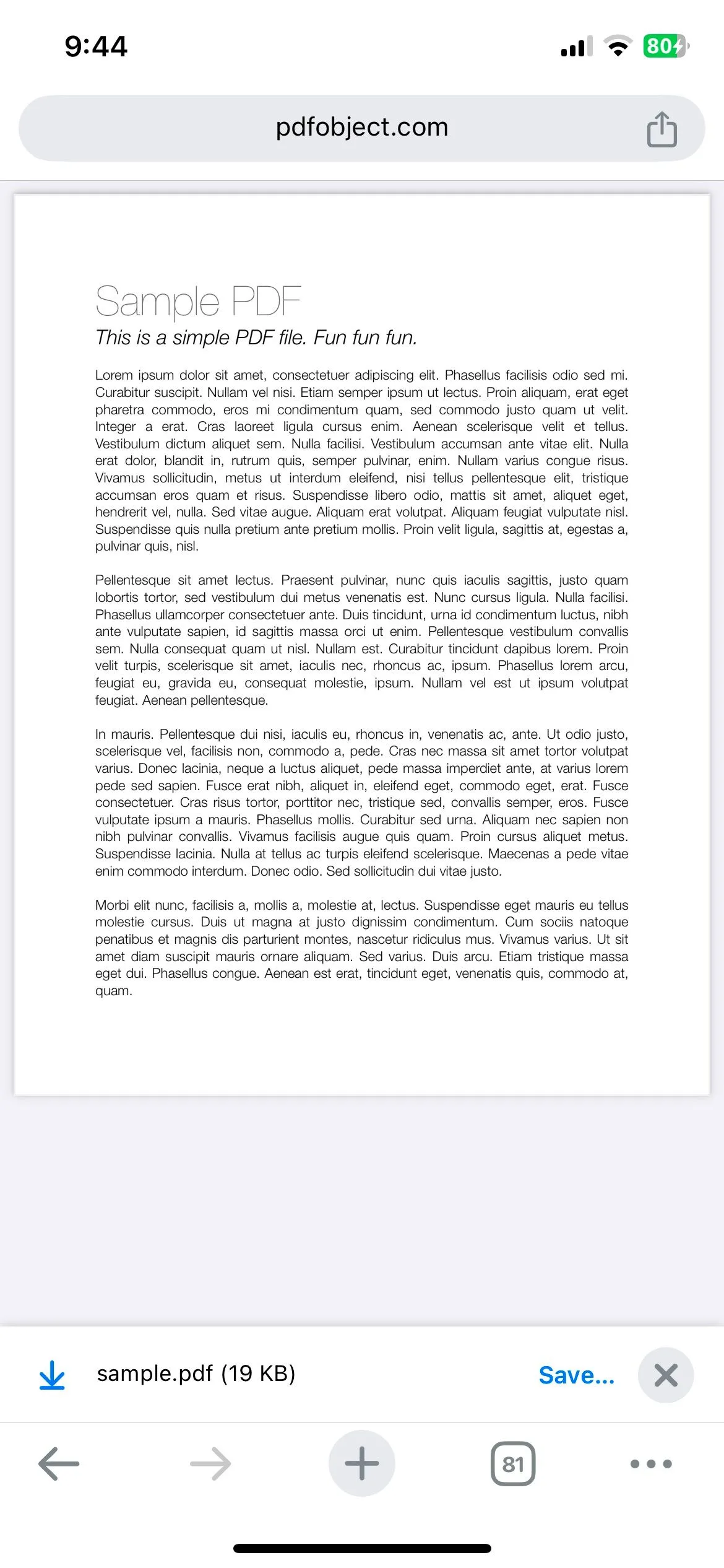 Chrome hiển thị một tệp PDF mẫu trên iPhone, minh họa khả năng lưu trực tiếp vào Google Drive