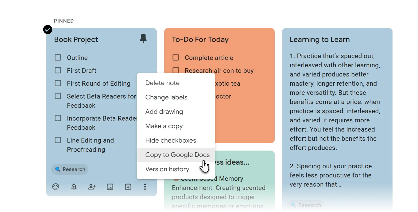 Chức năng sao chép ghi chú từ Google Keep sang Google Docs từ bảng điều khiển bên