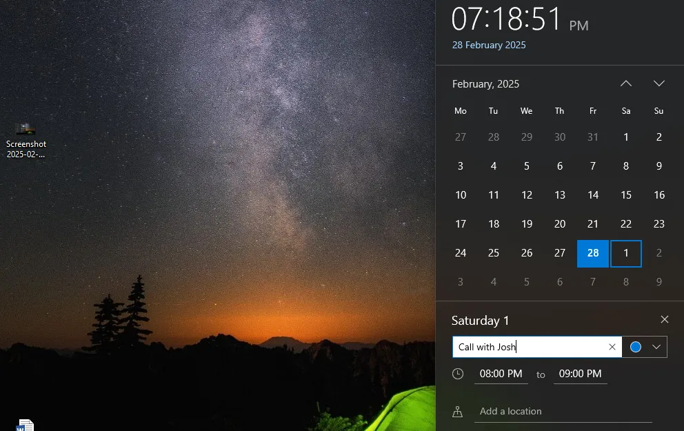 Chức năng thêm sự kiện trực tiếp từ lịch tích hợp trên thanh Taskbar của Windows 10
