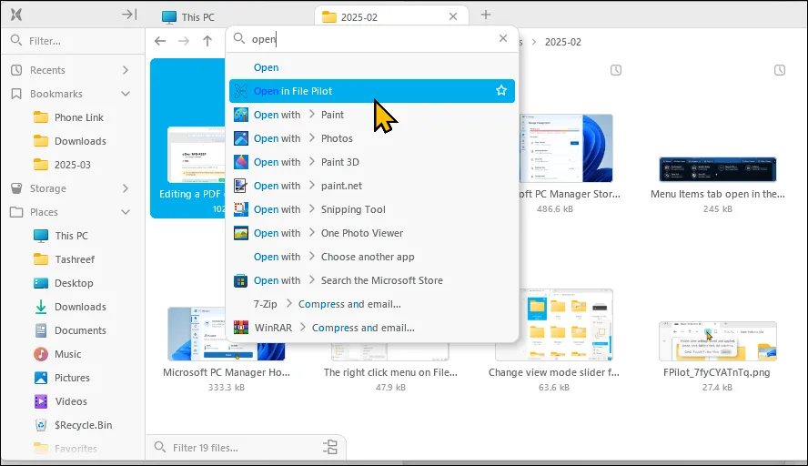 Chức năng tìm kiếm tiện lợi trên menu ngữ cảnh của File Pilot giúp truy cập lệnh nhanh chóng