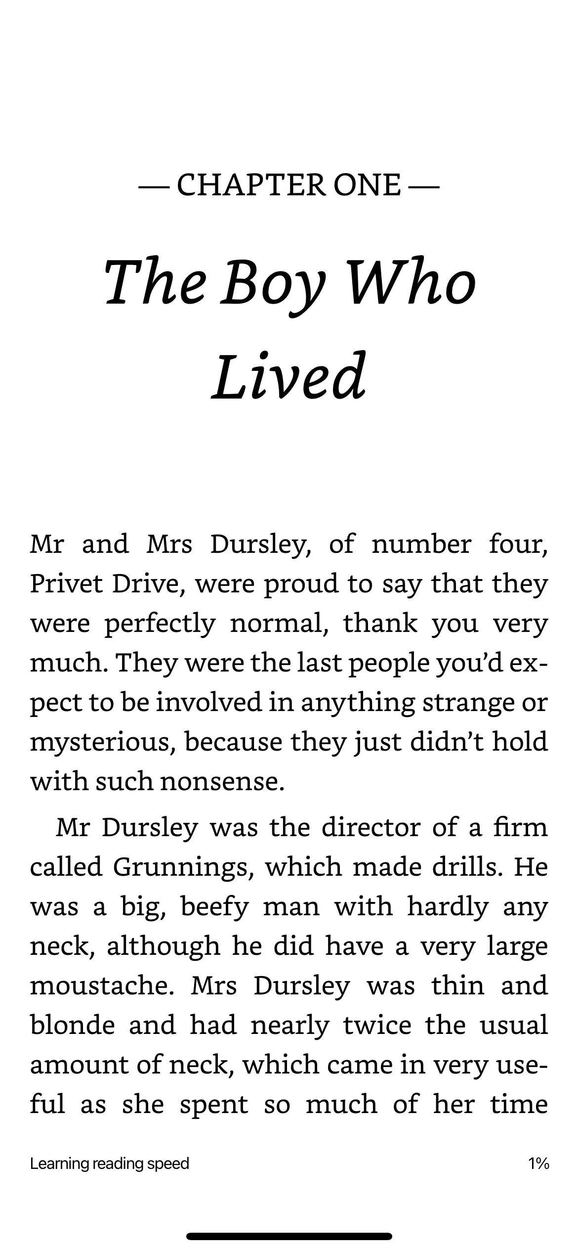 Chương một cuốn sách Harry Potter hiển thị trên ứng dụng Amazon Kindle