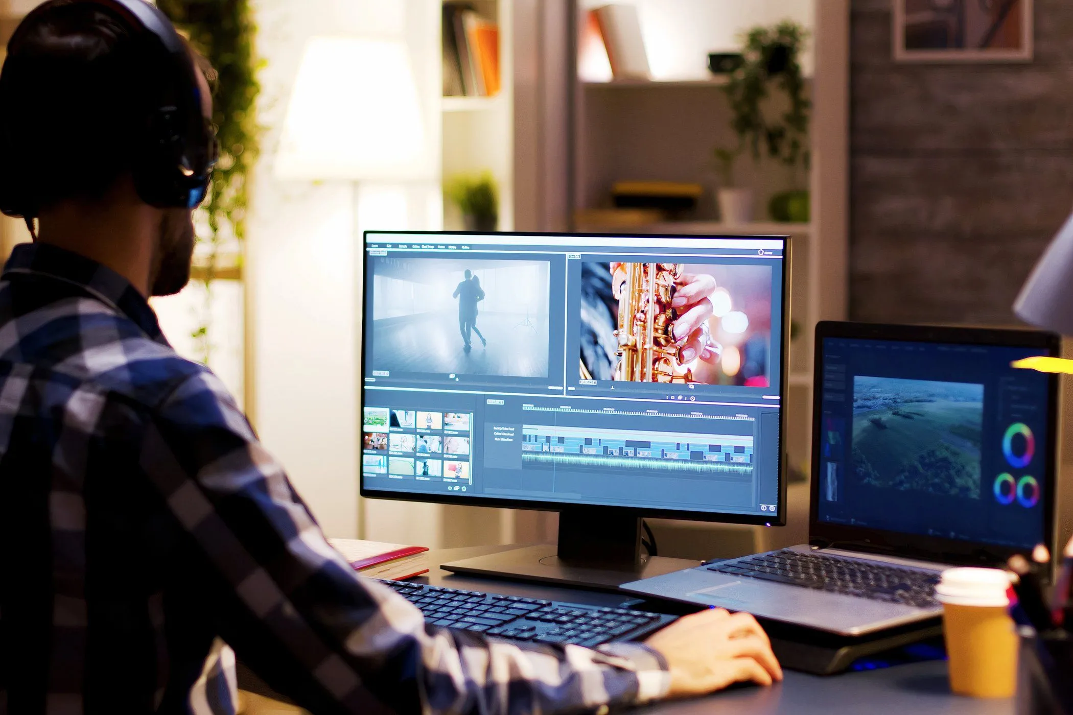 Chuyên gia chỉnh sửa video trên màn hình máy tính, thể hiện nhu cầu về chất lượng hiển thị sắc nét.