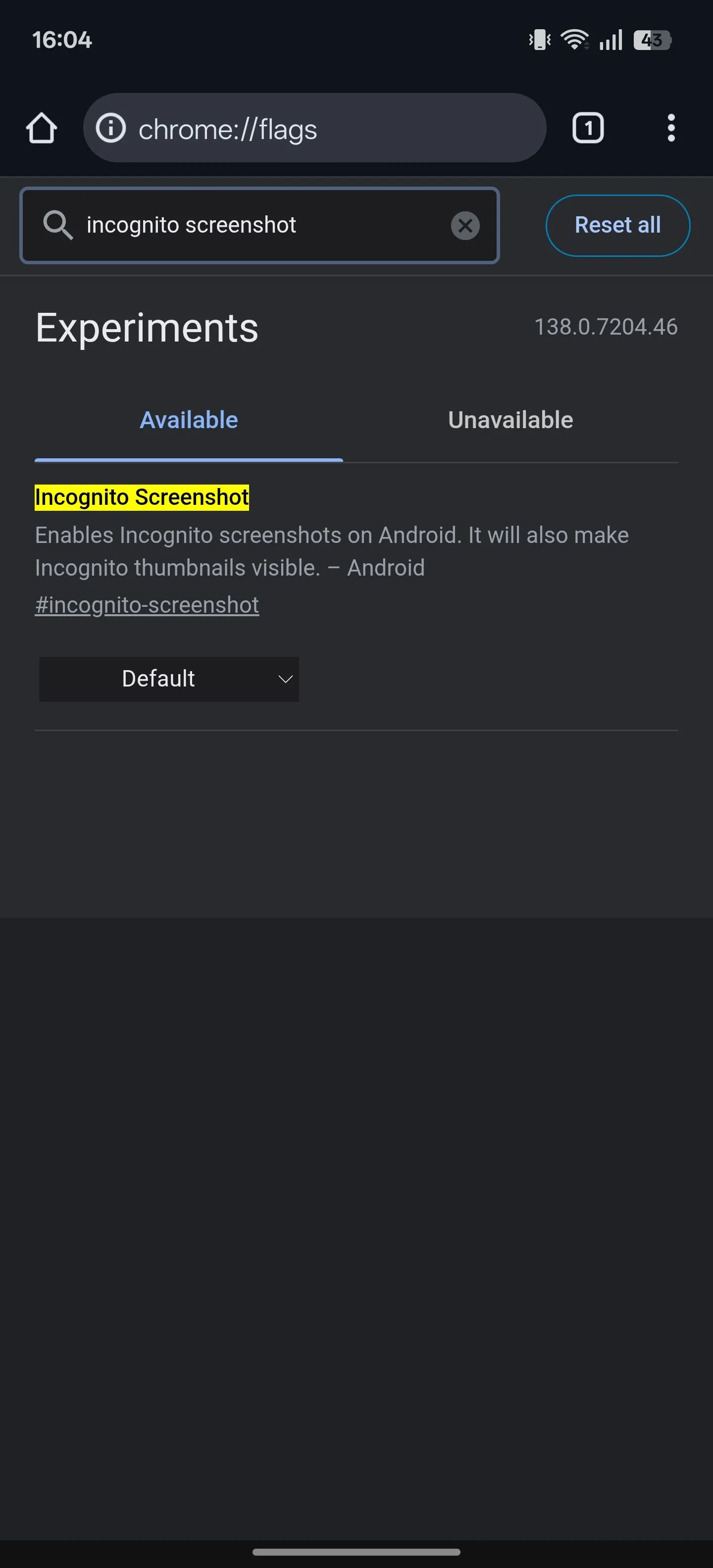 Cờ Chrome &quot;Incognito Screenshot&quot; (chụp ảnh màn hình ẩn danh) hiển thị trên trang chrome://flags.