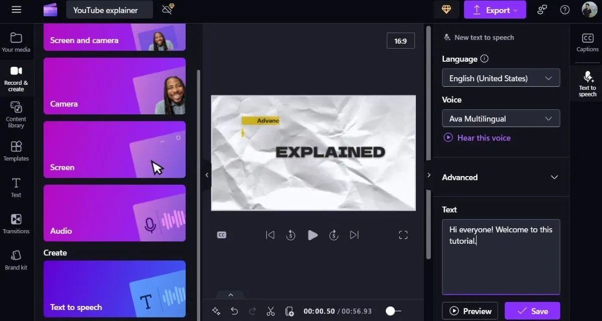 Công cụ chuyển văn bản thành giọng nói trong Clipchamp với các tùy chọn ngôn ngữ và giọng đọc