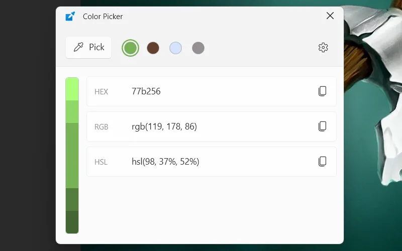 Công cụ Color Picker của PowerToys trên Windows hiển thị bảng chọn màu và lịch sử các màu đã chọn.
