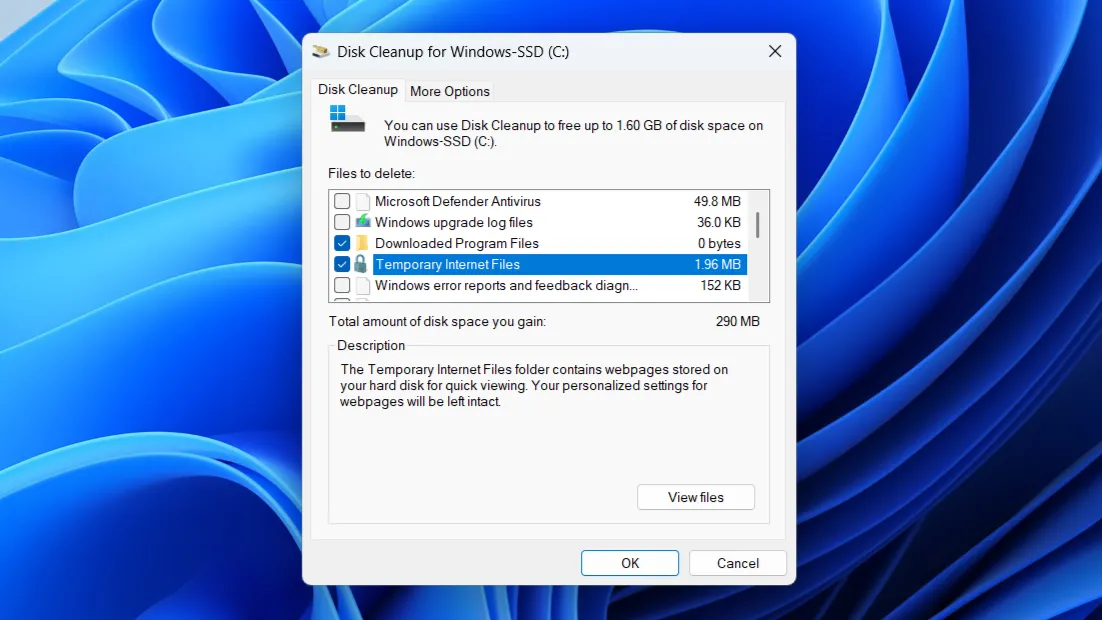 Công cụ Disk Cleanup trên Windows hiển thị các tùy chọn dọn dẹp ổ đĩa