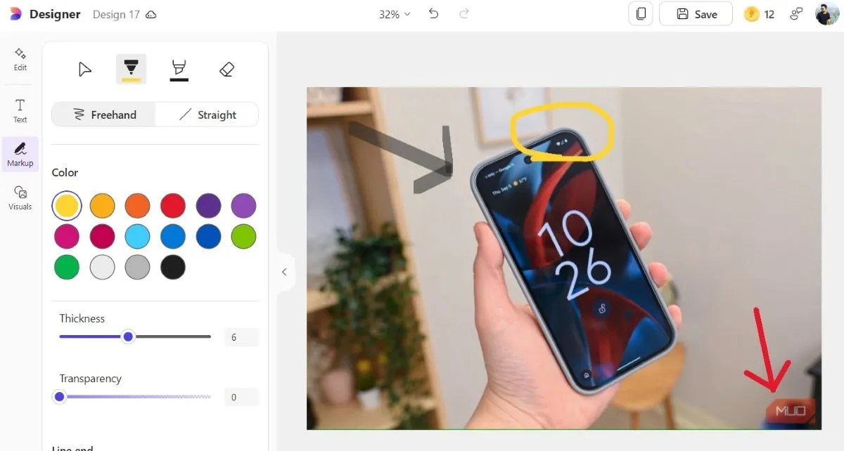Công cụ Markup cho phép chú thích và đánh dấu hình ảnh trong Microsoft Designer