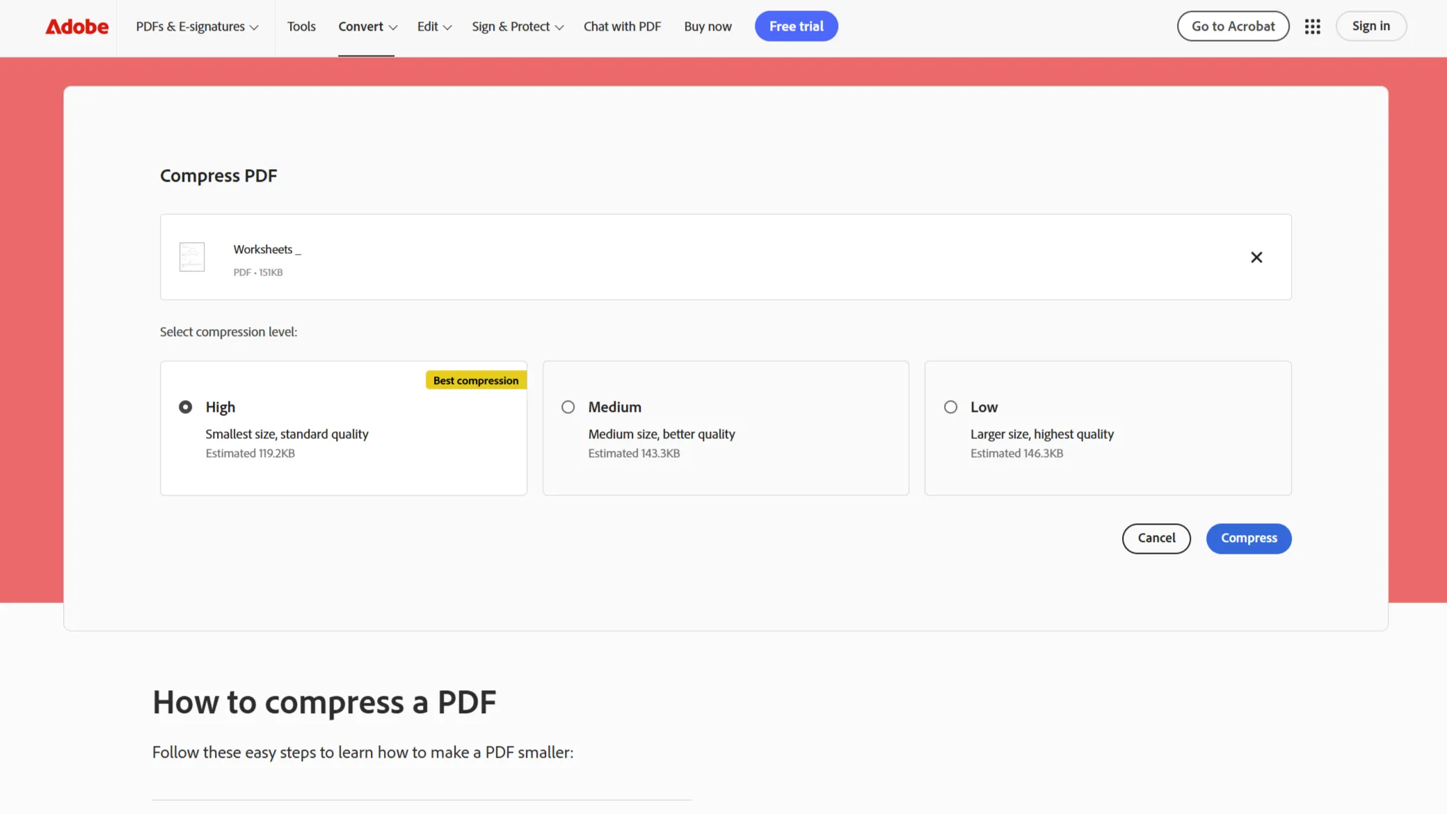 Công cụ nén PDF trực tuyến của Adobe với các tùy chọn mức nén và ước tính dung lượng sau nén