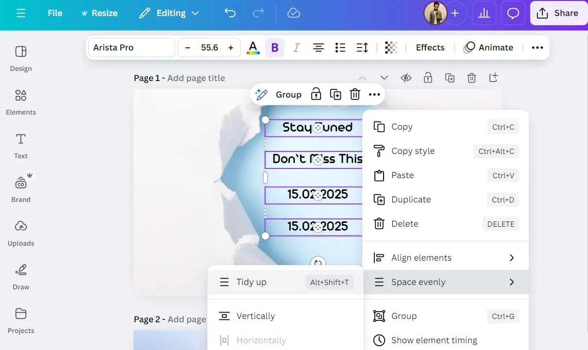 Công cụ Sắp xếp (Tidy Up) trong ứng dụng Canva, giúp căn chỉnh và phân phối đối tượng đều