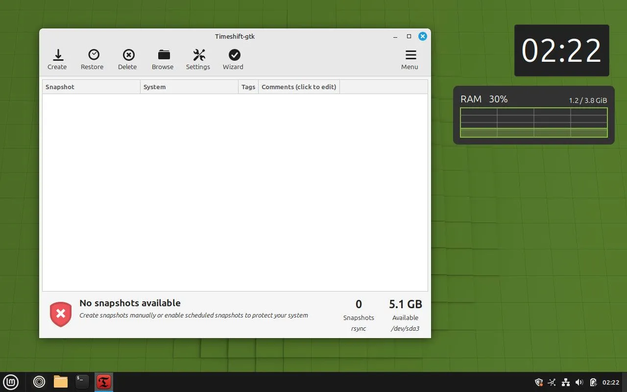 Công cụ Timeshift đang hoạt động trên Linux Mint để tạo bản sao lưu hệ thống