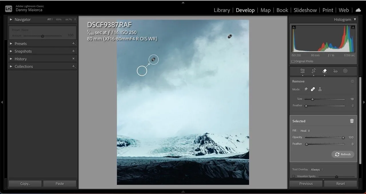 Công cụ Xóa Điểm trong Lightroom loại bỏ các khuyết điểm trên ảnh