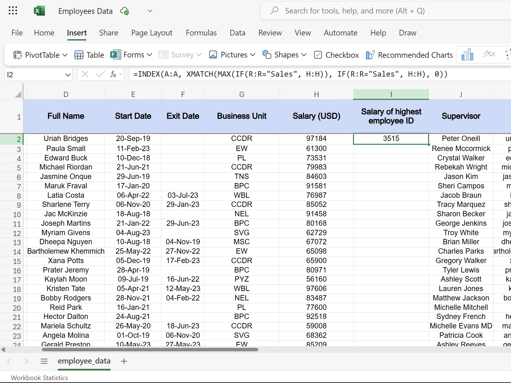 Công thức mảng phức tạp với hàm INDEX và XMATCH trong Excel để tìm mức lương dựa trên điều kiện nhiều tiêu chí (ID nhân viên cao nhất trong phòng Sales)