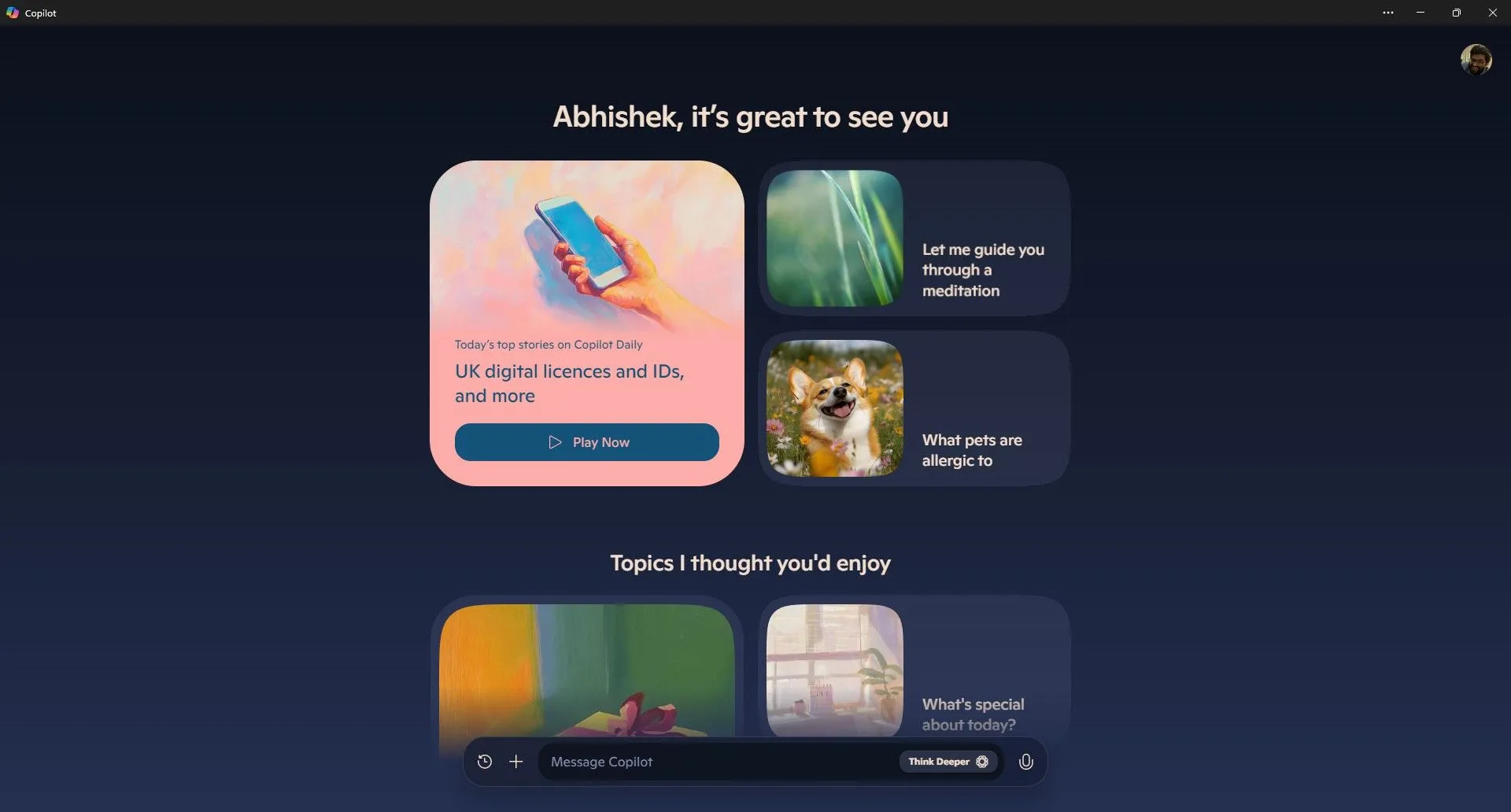 Copilot AI trên Windows 11 đang mở giao diện trò chuyện tối giản