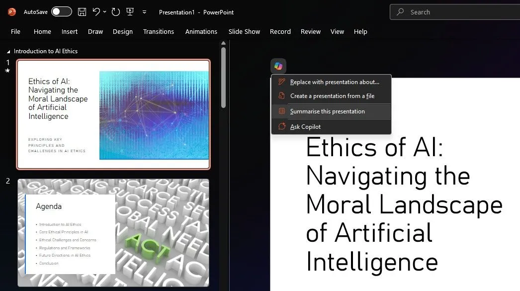 Copilot trong PowerPoint tóm tắt nhanh chóng các điểm chính của bài thuyết trình dài
