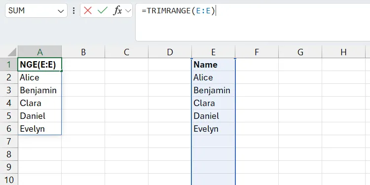 Cột dữ liệu động trong Excel đã được làm sạch số 0 thừa bằng hàm TRIMRANGE