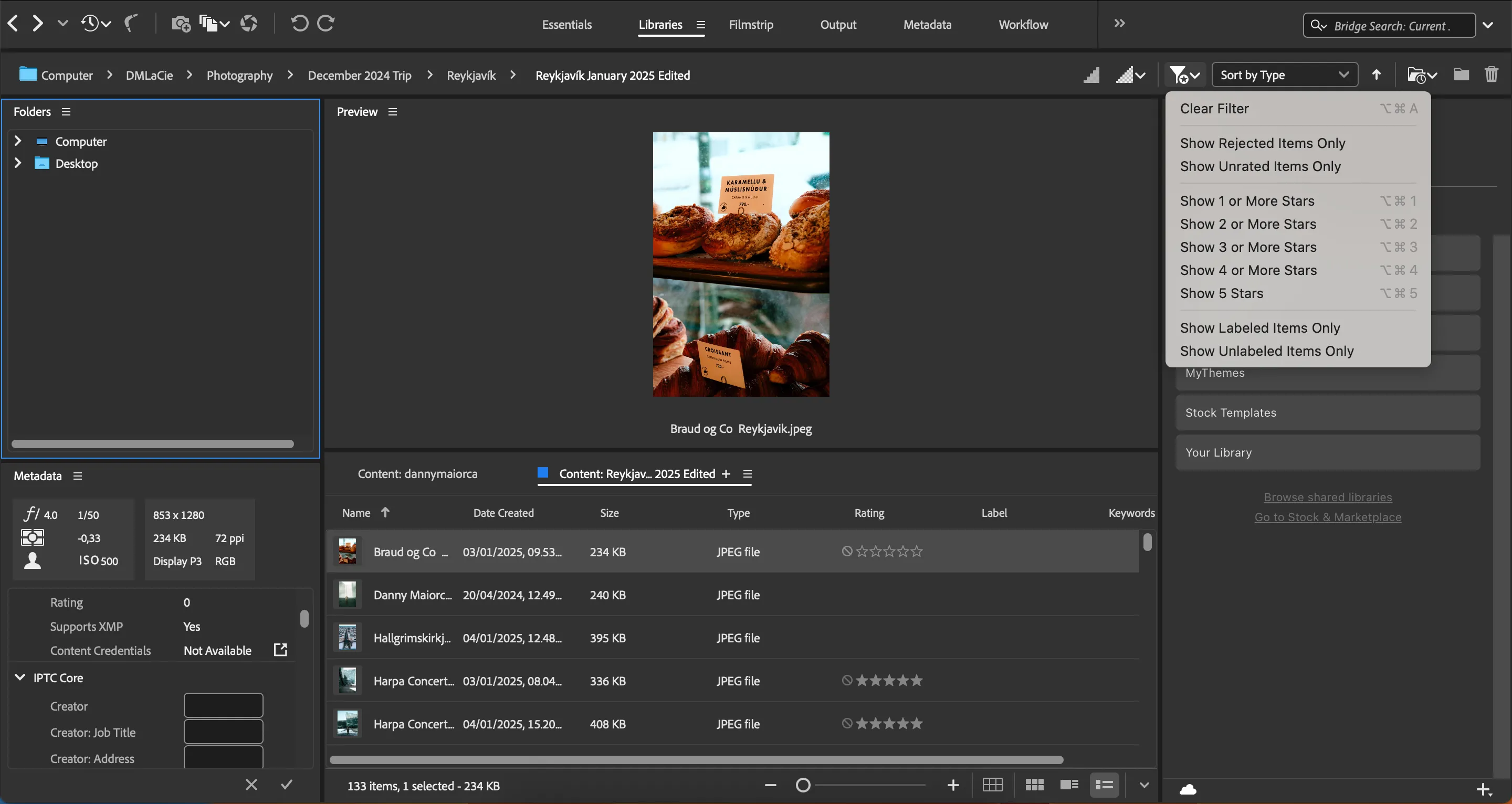 Cửa sổ Adobe Bridge với các tùy chọn bộ lọc ảnh theo nhiều tiêu chí