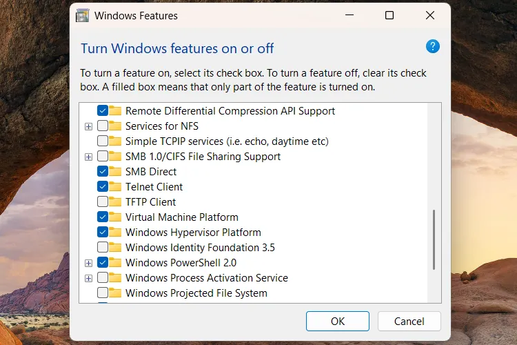 Cửa sổ Bật hoặc tắt tính năng Windows với tùy chọn Telnet Client được chọn