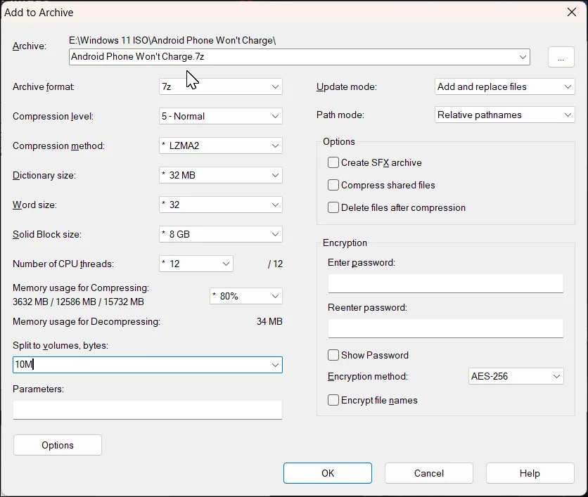 Cửa sổ cài đặt chia nhỏ file trong 7-Zip trên Windows