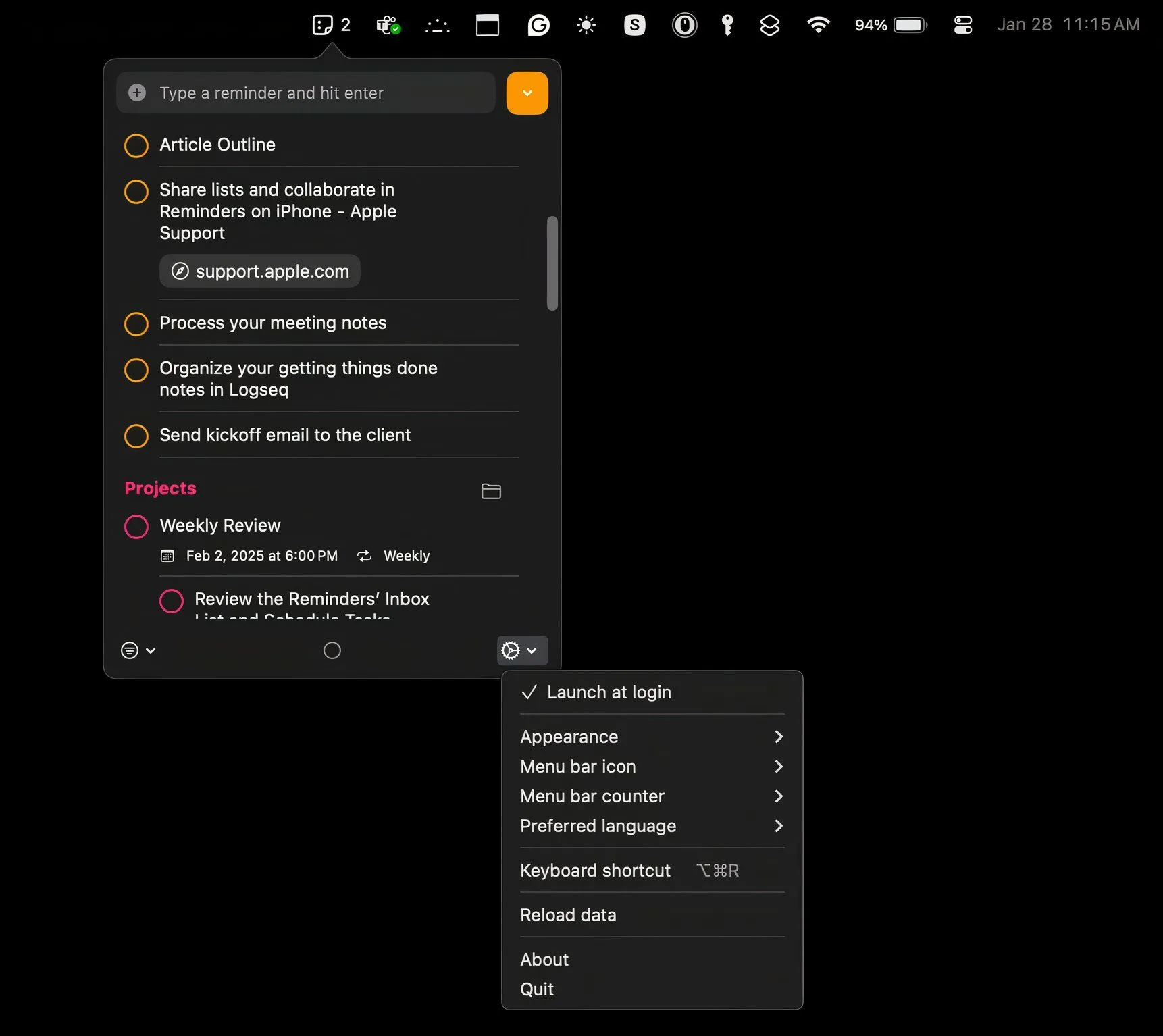Cửa sổ cài đặt của ứng dụng Reminders MenuBar